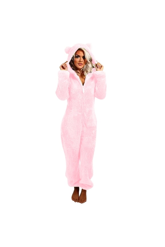 Fuzzy Fleece Onesies Pajamas Jumpsuit Women Long Sleeve Hooded Zip-up Plus Size Cute Ears Hood Rompers Sleepwear (5X-Large, Pink)