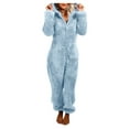 thumbnail image 1 of Fuzzy Fleece Onesies Pajamas Jumpsuit Women Long Sleeve Hooded Zip-up Plus Size Cute Ears Hood Rompers Sleepwear (Medium, Blue), 1 of 5