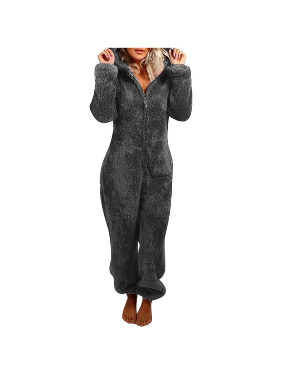 Fuzzy Fleece Onesies Pajamas Jumpsuit Women Long Sleeve Hooded Zip-up Plus Size Cute Ears Hood Rompers Sleepwear (Small, Dark Gray)