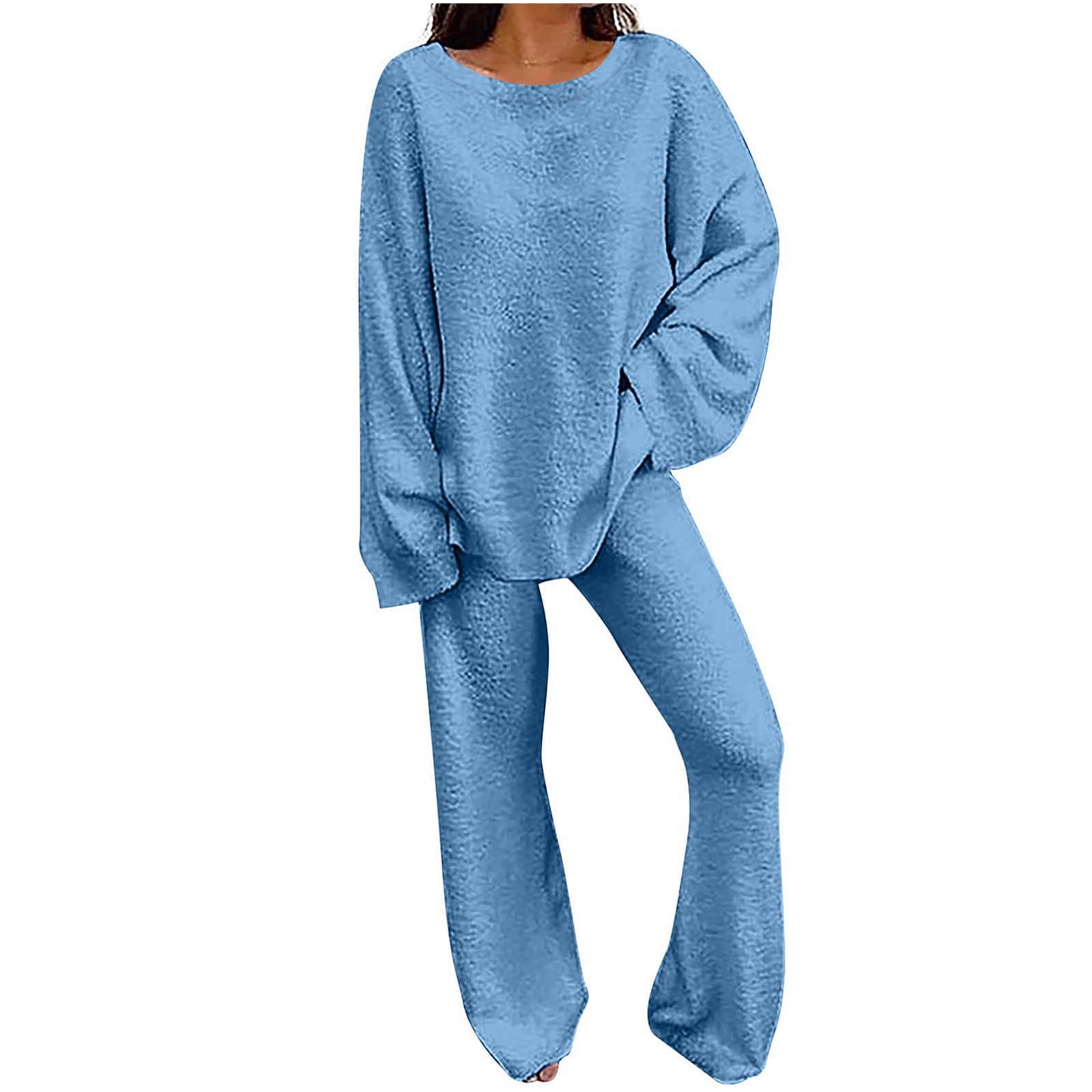 Baikeli Fuzzy Fleece Outfits for Women Solid Pajama Two Piece Outfits ...