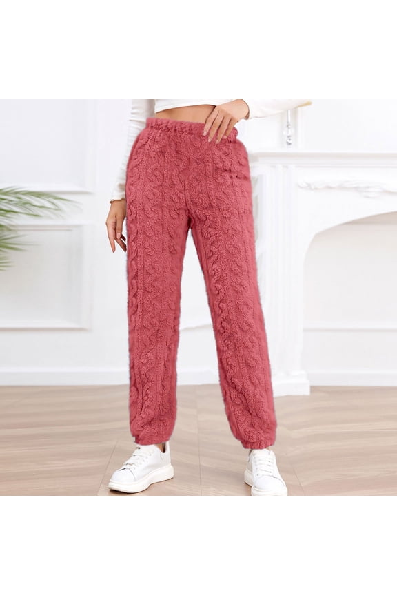 Fuzzy Fleece Pajama Pants Women Cozy Thermal Lounge Pjs Pant Soft Plush Fluffy Thick Warm Sleepwear,Ribbed Elastic Waist Long Trousers Nightwear,Fall Winter Trendy Clothing