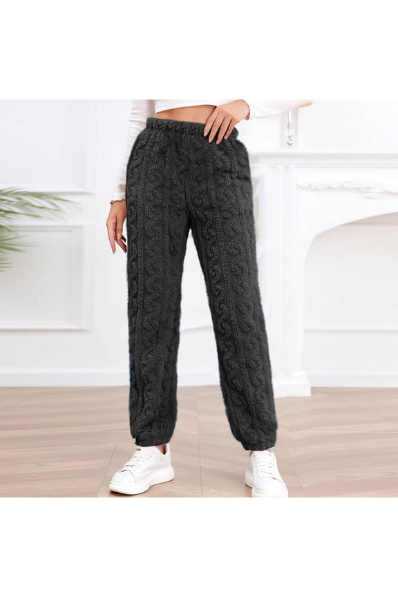 Fuzzy Fleece Pajama Pants Women Cozy Thermal Lounge Pjs Pant Soft Plush Fluffy Thick Warm Sleepwear,Ribbed Elastic Waist Long Trousers Nightwear,Fall Winter Trendy Clothing