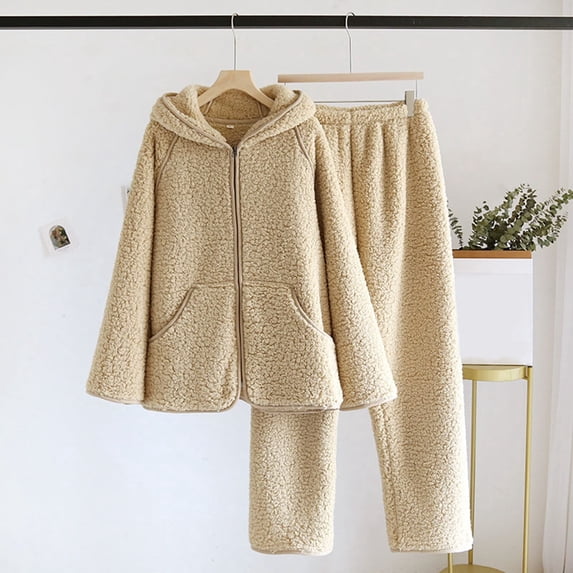 Fuzzy Fleece Pajama Set for Women Long Sleeve Zip Up Jackets Pants Set Womens Cozy Loungewear Set Womens Winter Pajamas