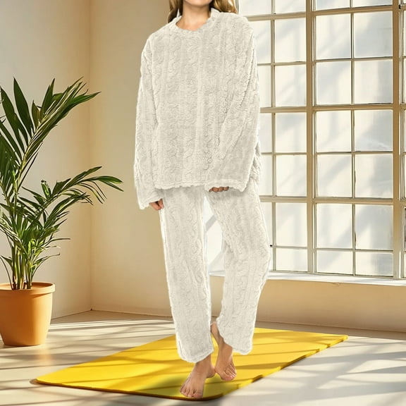 Fuzzy Fleece Pajama Sets for Women 2 Piece Crewneck Long sleeve Thicken Warm Sweater Tops Casual Cozy Thermal Long Pants Autumn Winter Homewear Outfits Cold Weather Loungewear