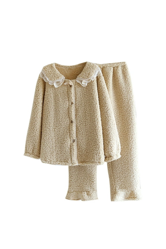 Fuzzy Fleece Pajama Sets for Women Cute Floral Lace Collared Winter Warm Long Sleeve Sleepwear Comfy Plush Lounge Pjs