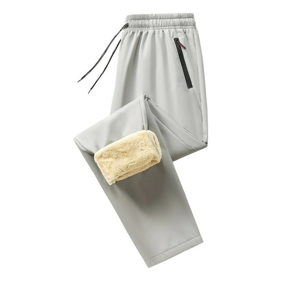 Fuzzy Fleece Pants for Men Solid Color Sweatpants with Pockets Casual Thermal Long Johns Pants, Gray, L