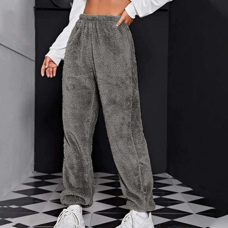Fuzzy Fleece Pants for Women Soft Warm Faux Shearling Elastic Waist Loose  Pajama Bottoms Plus Size Loungewear (3X-Large, Gray 01)