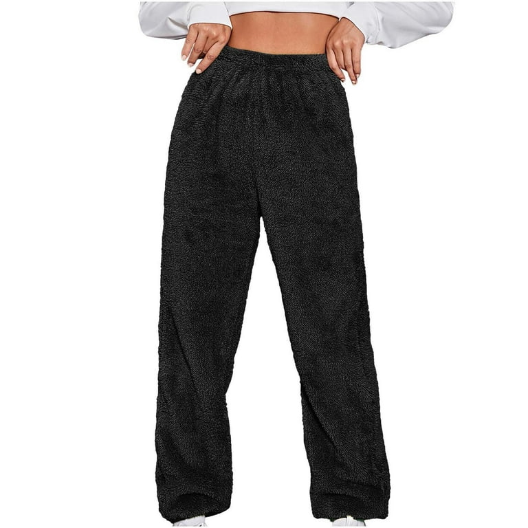 Fuzzy Fleece Pants for Women Soft Warm Faux Shearling Elastic Waist Loose Pajama  Bottoms Plus Size Loungewear (5X-Large, Black) 