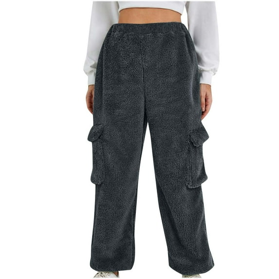 Fuzzy Fleece Pants for Women Winter Casual Loose Plush Pajama Pants Solid Color Plus Size Sleepwear Stretch High Waist Sweatpants