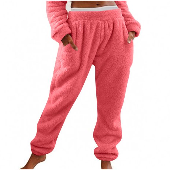 Fuzzy Fleece Pants for Women Winter Casual Loose Plush Pajama Pants Solid Color Plus Size Sleepwear Stretch High Waist Sweatpants