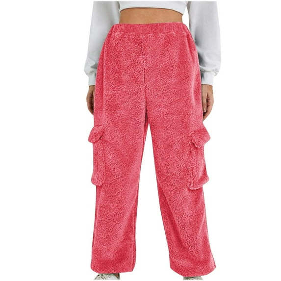 Fuzzy Fleece Pants for Women Winter Casual Loose Plush Pajama Pants Solid Color Plus Size Sleepwear Stretch High Waist Sweatpants