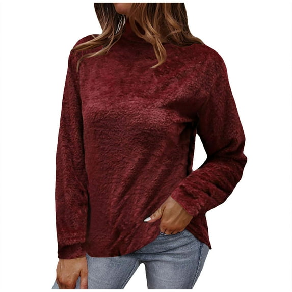 Fuzzy Fleece Pullover Sweaters for Women Long Sleeve Mock Neck Winter Warm Tunic Tops Solid Color Cozy Sweatshirts