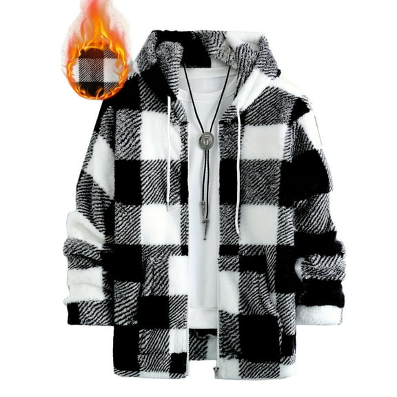 Fuzzy Fleece Sherpa Jacket for Men Long Sleeve Casual Zipper Up Plaid Coat Fall Winter Warm Lightweight Loose Hooded Outerwear with Pocket