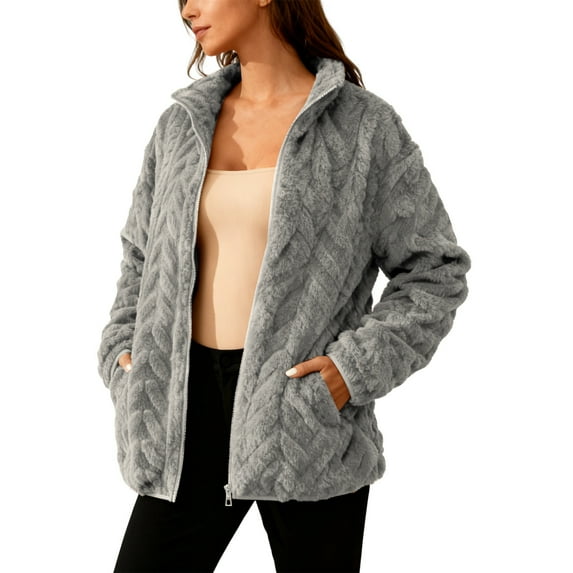Fuzzy Fleece Sherpa Jacket for Women Long Sleeve Zipper Up Jacquard Coat Lightweight Loose Solid Color Warm Winter Outerwear with Pocket