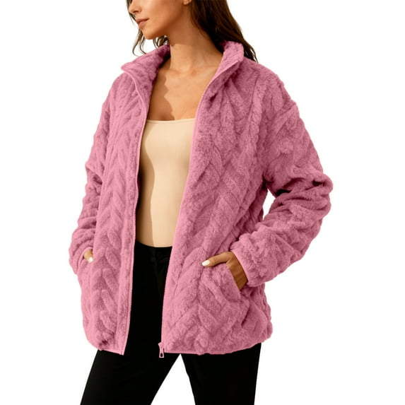 Fuzzy Fleece Sherpa Jacket for Women Long Sleeve Zipper Up Jacquard Coat Lightweight Loose Solid Color Warm Winter Outerwear with Pocket