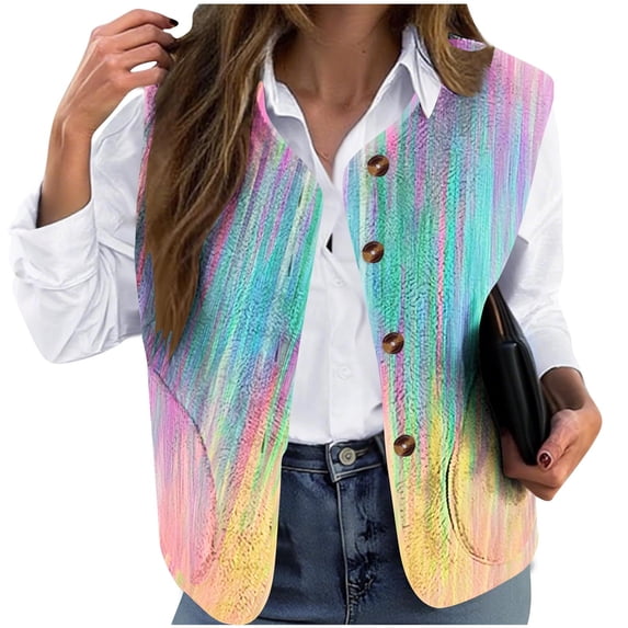 Fuzzy Fleece Vest Women Plus Size Color Block Button Sleeveless Jackets Fall Fashion Casual Outfits Streetwear Sky Blue S