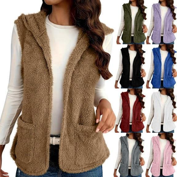 Fuzzy Fleece Vest for Women Hooded Sleeveless Fleece Vest Women's Warm Solid Color Button Jacket Home Coat Winter Clothes Parkas with Pocket