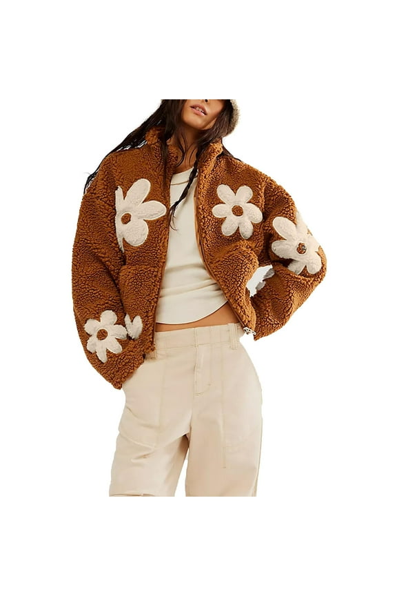 Fuzzy Fleece Winter Coats Ladies Winter Fashion Daisy Flower Front Zipper Sherpa Crop Jacket Pockets Warm Sweaters (M, Brown)
