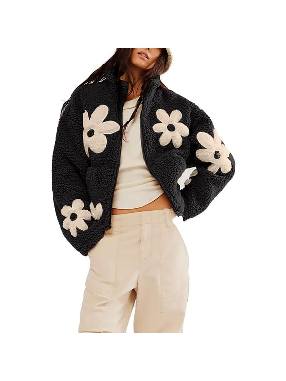 Fuzzy Fleece Winter Coats for Women Winter Trendy Daisy Flower Full Zip Sherpa Crop Jacket Pockets Warm Sweaters (XL, Black)