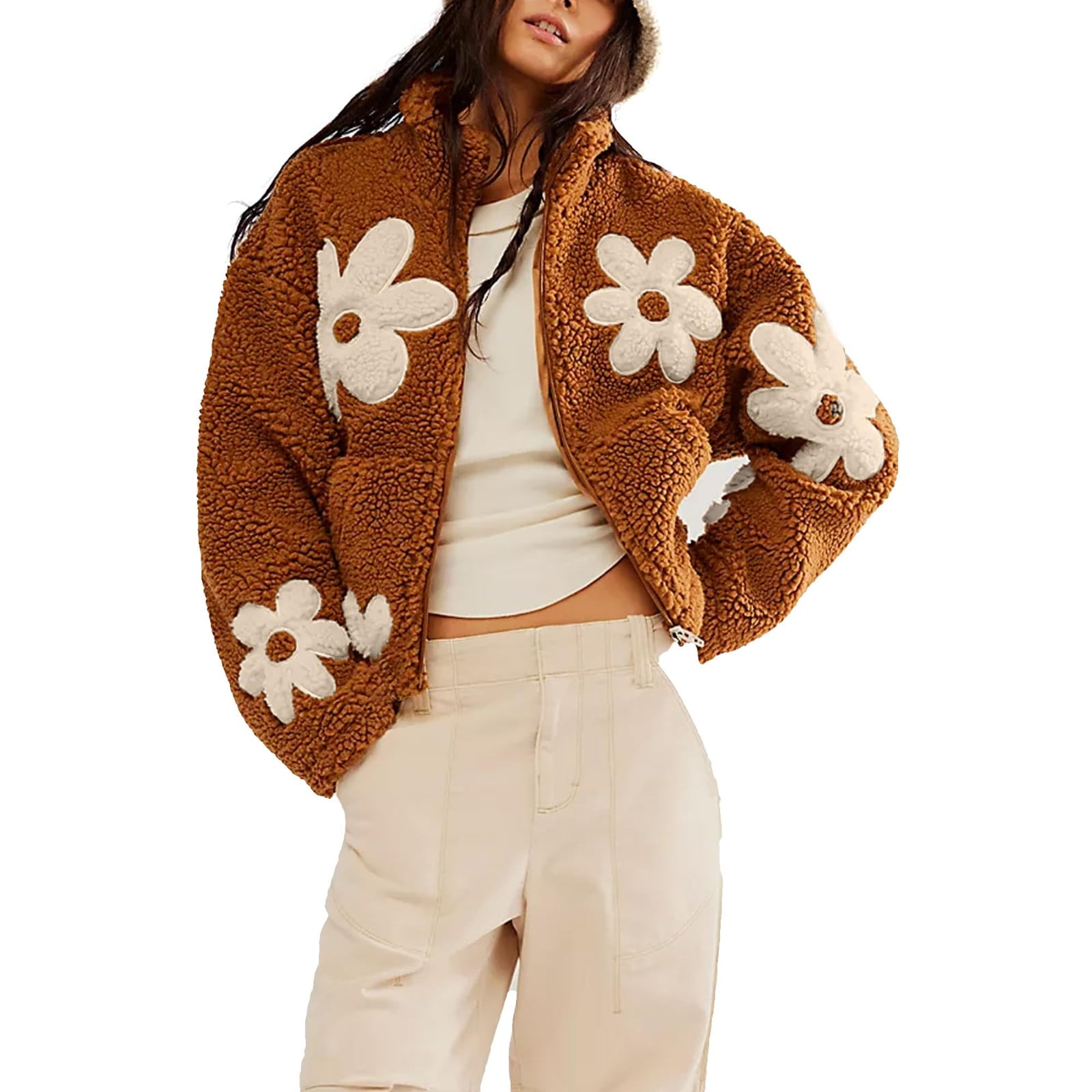 Fuzzy Fleece Winter Coats for Women Winter Trendy Daisy Flower