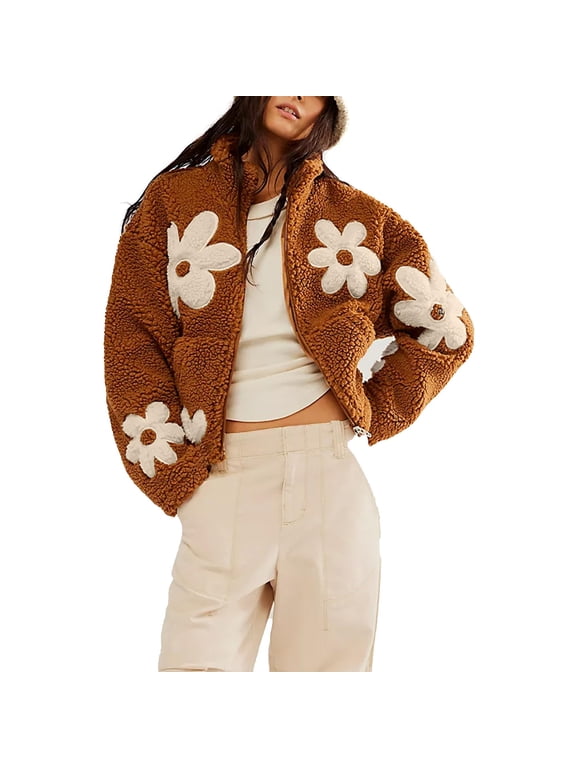 Fuzzy Fleece Winter Coats for Women Winter Trendy Daisy Flower Full Zip Sherpa Crop Jacket Pockets Warm Sweaters (XL, Brown)
