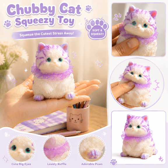 Fuzzy Flocked Chubby Fat Cat Squishy Toys, Realistic Slow Rise Kitten Sensory Squeeze Fidget, Perfect Gift for Family and Friends