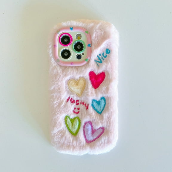 Fuzzy Fluffy Case Compatible for iPhone 11 with Lens Kickstand, Cute Furry Plush Heart Pattern Phone Case for Girls Women Winter Warm Soft Back Shockproof Protective Cover, Pink