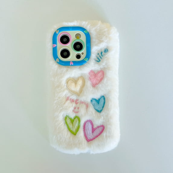 Fuzzy Fluffy Case Compatible for iPhone 14 with Lens Kickstand, Cute Furry Plush Heart Pattern Phone Case for Girls Women Winter Warm Soft Back Shockproof Protective Cover, White