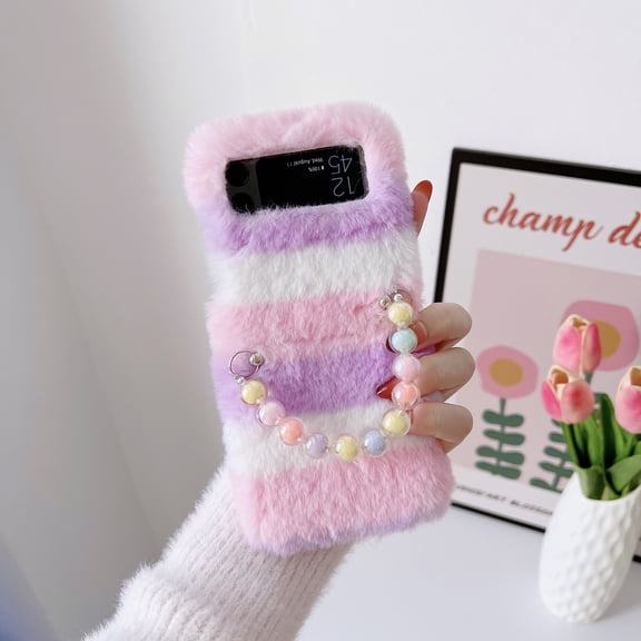 Fuzzy Fluffy Cases Compatible with Samsung Galaxy Z Flip 3 - Cute Furry Plush Fur Phone Cases for Girls Women Winter Warm Soft Back Shockproof Protective Cover for Z Flip 3 5G,Pearl Pink