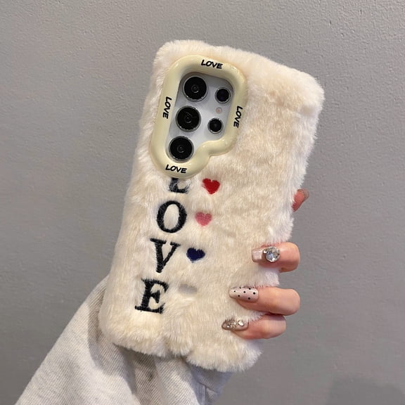 Fuzzy Fluffy Hearts Case Compatible with Samsung Galaxy S23 Ultra - Cute Furry Plush Faux Fur Heart Print Phone Cases for Girls Women Winter Warm Soft Back Cover with Camera Cover Kickstand, White