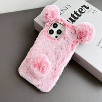 Fuzzy Fluffy Hearts Case Compatible with iPhone 14 Pro - Cute Furry Plush Faux Fur Heart Print Phone Case for Girls Women Winter Warm Soft Back Shockproof Protective Cover for 6.1 inch, Pink