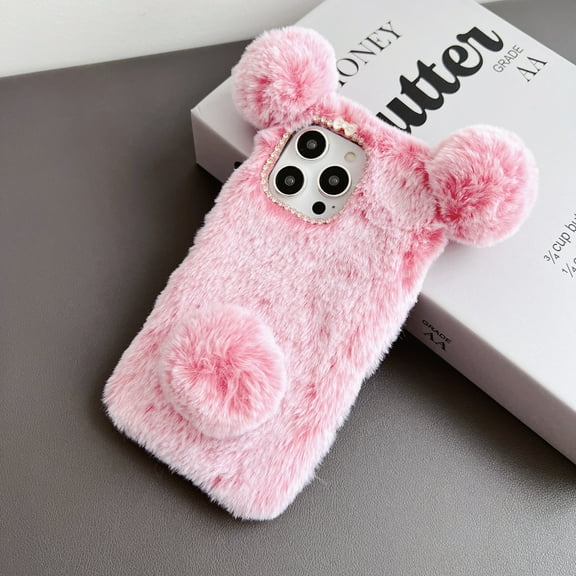 Fuzzy Fluffy Hearts Case Compatible with iPhone 14 Pro - Cute Furry Plush Faux Fur Heart Print Phone Case for Girls Women Winter Warm Soft Back Shockproof Protective Cover for 6.1 inch, Pink