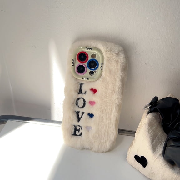 Fuzzy Fluffy Hearts Case Compatible with iPhone 15 - Cute Furry Plush Faux Fur Heart Print Phone Cases for Girls Women Winter Warm Soft Back Cover with Camera Cover Kickstand, White