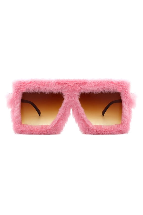 Fuzzy Fluffy Sunglasses Oversized Square Rectangle Frame UV400 Pink