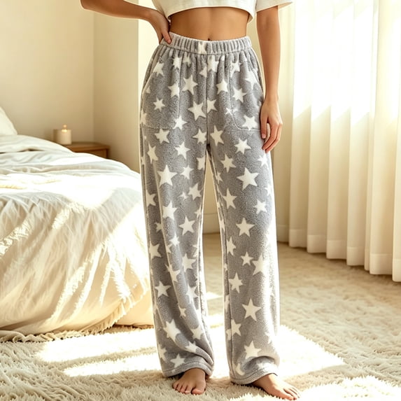 Fuzzy Flush Pajama Pants Women Soft Fluffy Fleece Flannel Pj Bottoms Star Graphic Warm Sleep Loungewear Pant