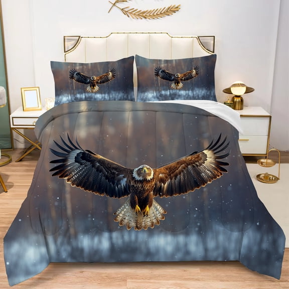Fuzzy Foest Snow Scenery Comforter Set Eagle Soaring Against Winter Forest Backdrop Print Duvet Bedding Set for Kids Adult Twin Size Bald Eagle Pattern Quilt Set with 1Pillowcase