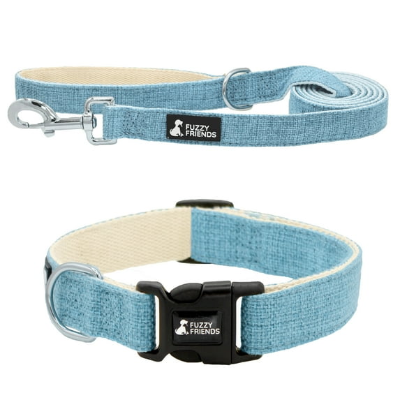 Fuzzy Friends Blue Hemp Dog Collar and Leash. Chemical free and environment friendly for dogs with sensitive skin or allergies. Made of sustainable hemp with no harsh dyes or chemicals