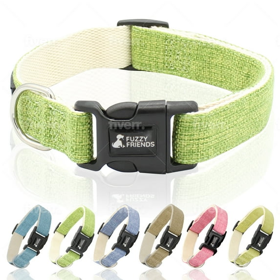 Fuzzy Friends Grass Green Hemp Dog Collar. Chemical free, environment friendly, great for sensitive skin or allergies. Made of sustainable hemp with no harsh dyes. Hypoallergenic dog collar