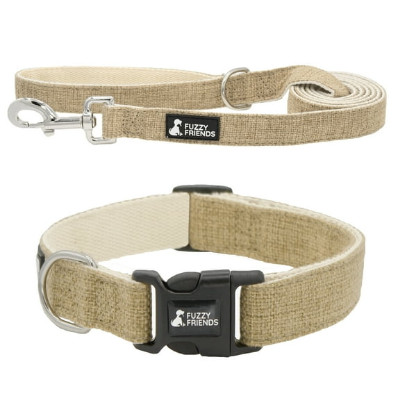 Fuzzy Friends Khaki Hemp Dog Collar and Leash. Chemical free and environment friendly for dogs with sensitive skin or allergies. Made of sustainable hemp with no harsh dyes or chemicals