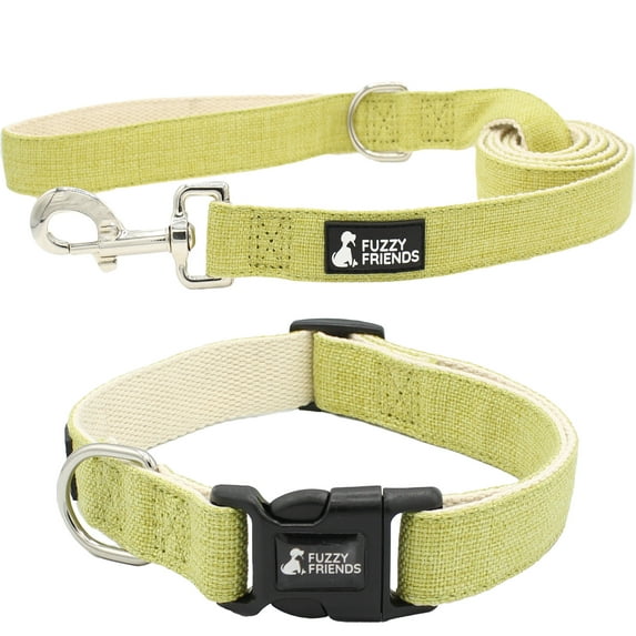 Fuzzy Friends Light Green Hemp Dog Collar and Leash. Chemical free and environment friendly for dogs with sensitive skin or allergies. Made of sustainable hemp with no harsh dyes or chemicals