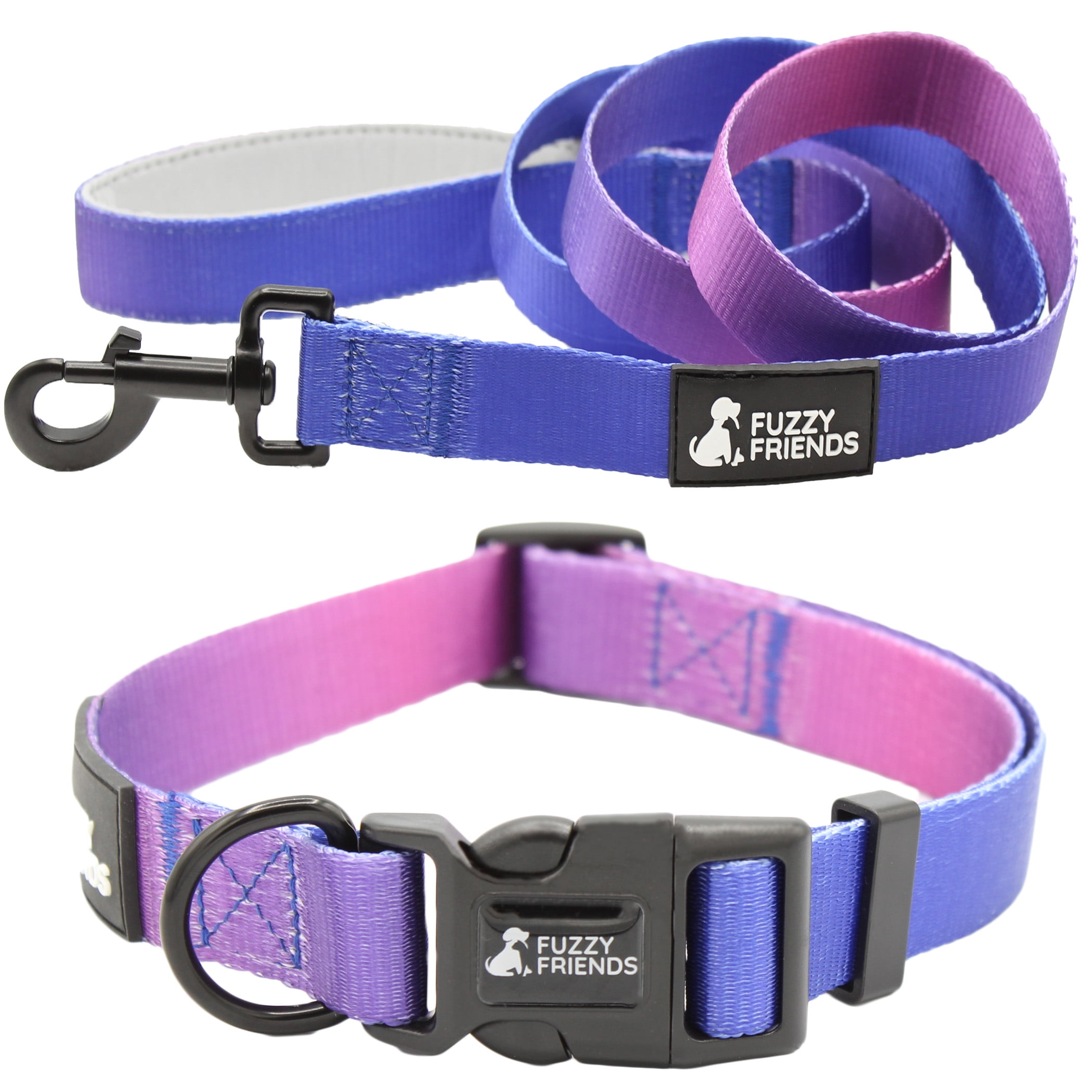 Fuzzy Friends purple mood ombre dog collar with optional matching leash  set. A cool, luxury dog collar with boho, tie dye colors. 