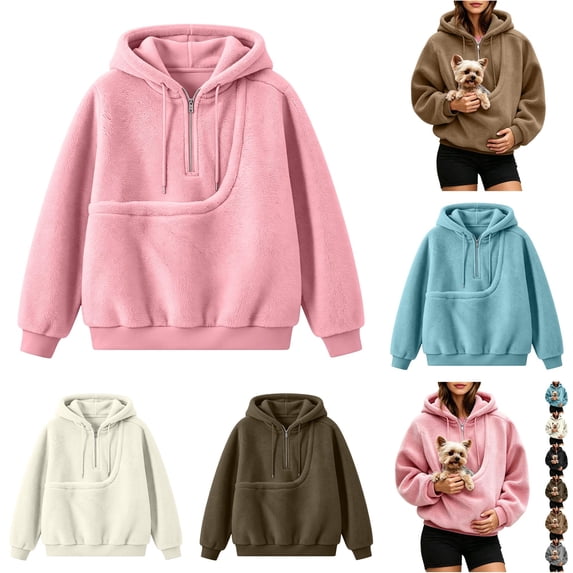 Fuzzy Full Zip Dog Pouch Hoodie for Women, Plush Pet Carrier Jacket, Warm Zip Up Sweatshirt for Dog Lovers Home Lounging Daily Wear