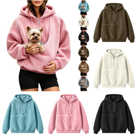 Fuzzy Full Zip Dog Pouch Hoodie for Women, Plush Pet Carrier Jacket, Warm Zip Up Sweatshirt for Dog Lovers Home Lounging Daily Wear
