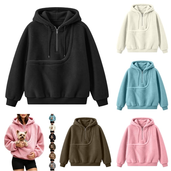 Fuzzy Full Zip Dog Pouch Hoodie for Women, Plush Pet Carrier Jacket, Warm Zip Up Sweatshirt for Dog Lovers Home Lounging Daily Wear