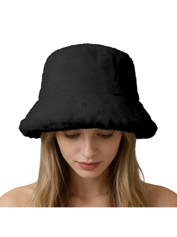 Fuzzy Furry Winter Warm Fisherman Cap Fur Warm Bucket Hat for Women Warm Plush Fisherman Fluffy Clothe Hats Warm Russian Style Hat Winter Warmer Fisherman Cap Trendy Black A