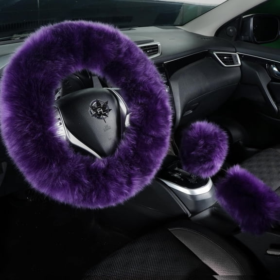 Fuzzy Genuine Sheepskin Steering Wheel Cover Set for Women Parents-Fluffy Soft Australian Merino Wool Wrap with Gear Shift and Hand Brake Covers, Cozy Stylish Luxury Car Accessories (Dark Purple)