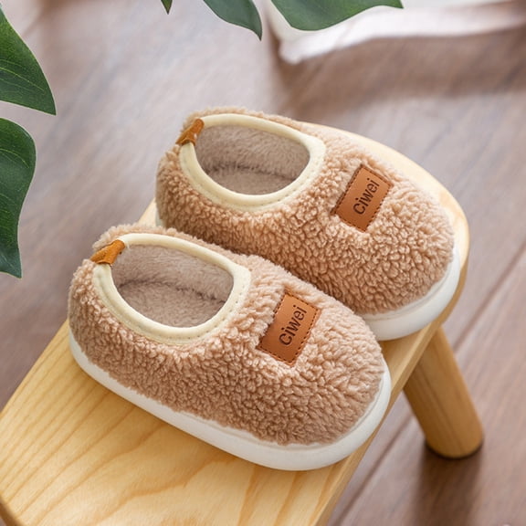 Fuzzy Girls Slippers Non-Slip, Warm Fleece Lined Kids House Shoes, Khaki,Size 26
