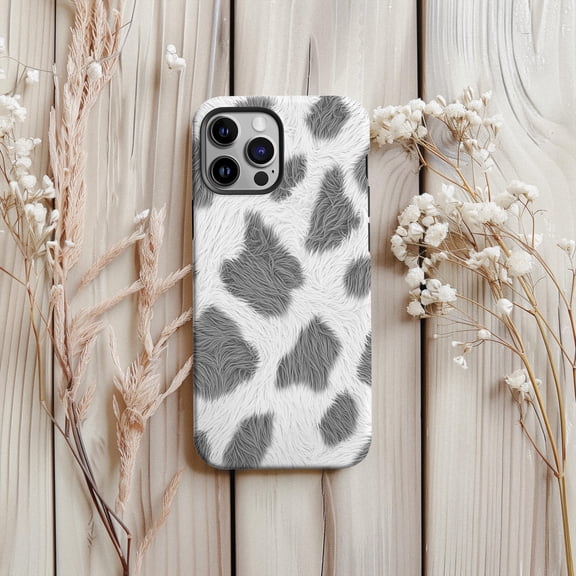 Fuzzy Gray Cow Print Western Style Animal Aesthetic Phone Case for iPhone 17 through 11 Pro Max