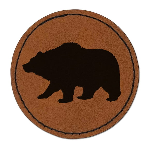 Fuzzy Grizzly Bear Silhouette 2.5" Faux Leather Round Engraved Iron-On Patch - Brown
