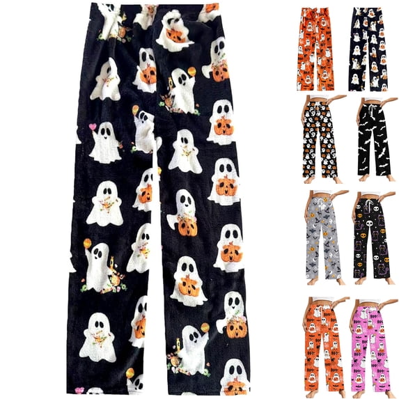 Fuzzy Halloween Pajama Pants Women Men Flannel Pjs Pants Couples Matching Plush Pajama Bottom Costume Gifts,Black